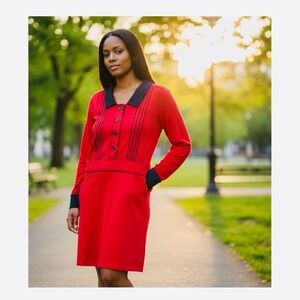 Zapelle Red & Navy Contrast Collar Long Sleeve Button Front Dress L-12